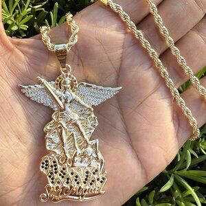 San Miguel St Michael Archangel Bling Crystal Pendant Rope Torch Chain Necklace